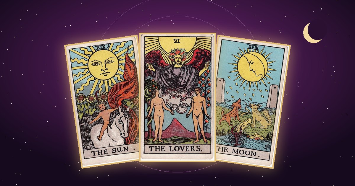 The Sun, The Lovers and The Moon tarot cards under a night sky