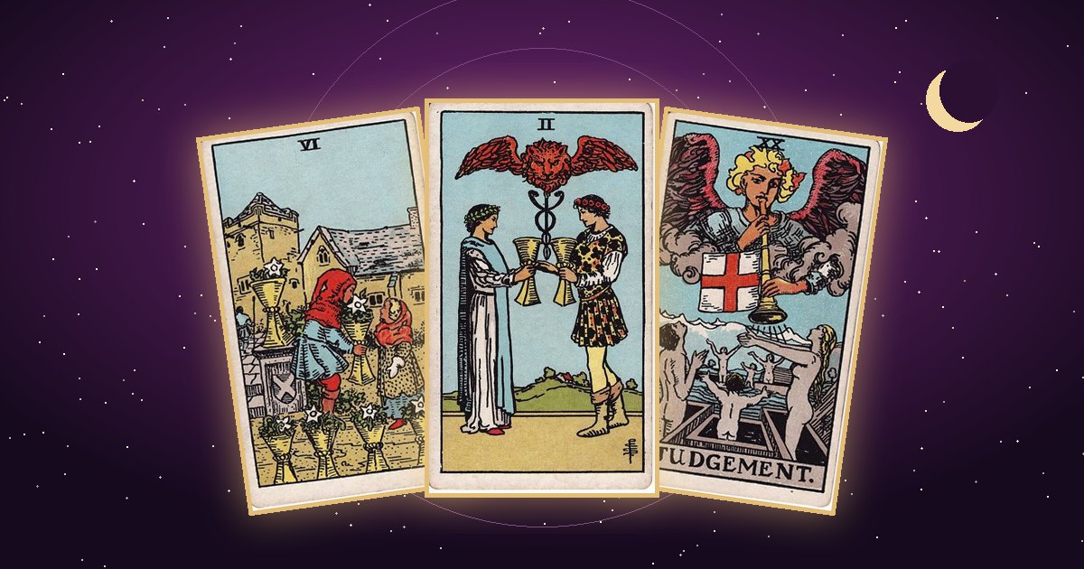 The Six of Cups, Two of Cups and Judgement tarot cards under a night sky